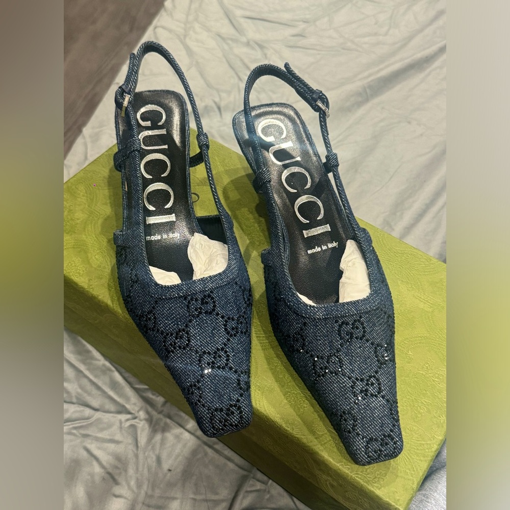 Gucci gg crystal slingback denim